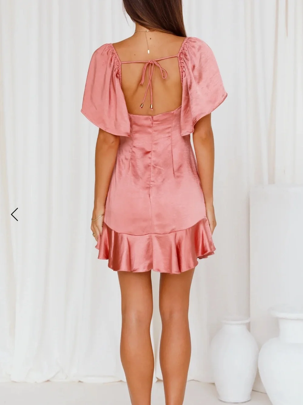Hello Molly One Way Ticket Coral Slip Mini‎ Dress with Ruffle Detail and Cutouts